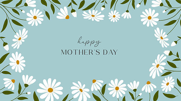 Happy Mother's Day template with floral frame composed of daisy flowers. Flat vector illustration.