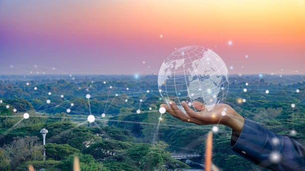 istock Businessman hand holding global network, customer data connection and modern innovation abstract with nature view background with network lines. 2211124792