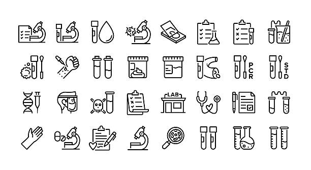 ilustraciones, imágenes clip art, dibujos animados e iconos de stock de conjunto de iconos de línea de servicios de laboratorio. grupo de objetos. microscopio, tubo de ensayo, examen, equipo de laboratorio. - laboratorio