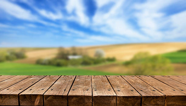 istock Empty wooden table with summer countryside in background 2211129267