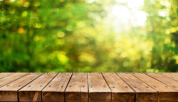 istock Empty old wooden table with fresh green spring theme in background 2211130500