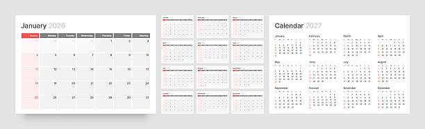 Monthly calendar layout for 2026. Planner diary. Monthly calendar layout for 2026 year. Diary planner for 2026 year. Week Starts on Sunday. 2026 stock illustrations