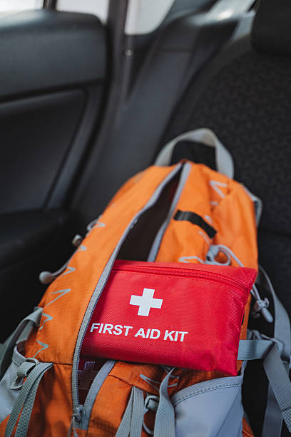 istock On top of an orange backpack, there rests a wellstocked first aid kit, ready for use in case of emergencies or accidents while on the go, ensuring safety and preparedness 2211144348