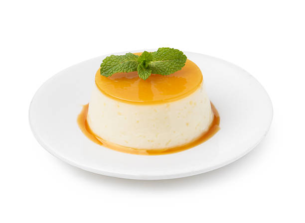 istock Tasty pudding with caramel sauce and mint isolated on white 2211149863