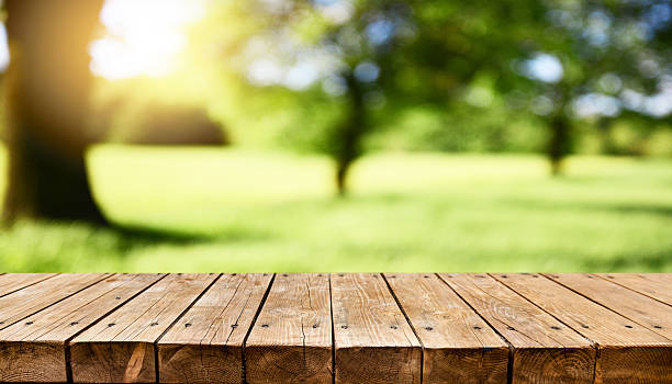 istock Empty old wooden table with fresh green spring garden in background 2211153935