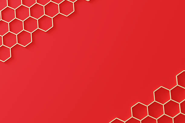 Colorful red backdrop showcases an intricate honeycomb pattern in a dynamic layout, offering ample space for text or graphics in a contemporary design. Perfect for marketing materials.