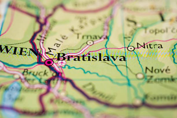 istock Bratislava Slovakia marked on travel road map.. 2211156260