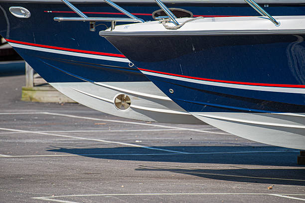 istock docked motorboats with sleek hull designs.. 2211156331