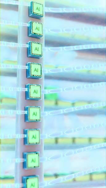 istock Vertical row of futuristic AI microchips with glowing labels connected by light tubes in a pastel data environment, captured with a side view emphasizing symmetry and technological structure 2211159458