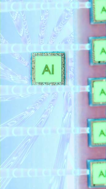 istock Vertical composition of a glowing AI microchip surrounded by fiber-optic loops and aligned processors, viewed with a shallow depth of field and soft lighting in a high-tech blue-toned cybernetic environment 2211159462