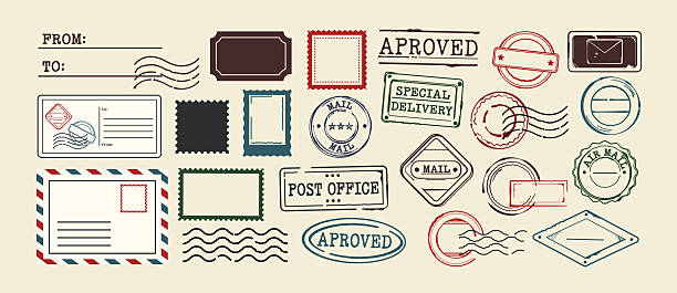 istock Grunge postage stamp set. Retro geometric postmark and stamps for letters, parcels and deliveries. Mail frames or borders. Vintage vector illustration collection 2211161552
