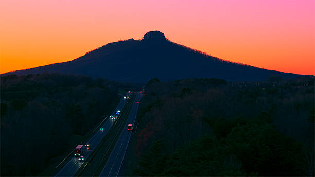 Pilot Mountain Scenic Byway Road Stop North Carolina - Twilight - Blue Hour - High Angle
