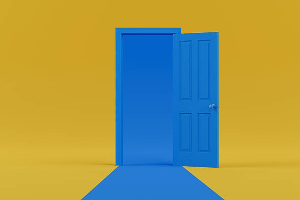 istock New Possibilities Concept. Blue Light Going Through the Opening Door. 3d Rendering 2211182555