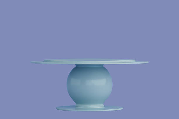 istock Glossy Blue Stylish Turquoise Cake Stand, Round Pedestal Table with Spherical Base, Modern Minimal Style and Futuristic Clean Design. 3d Rendering 2211182599
