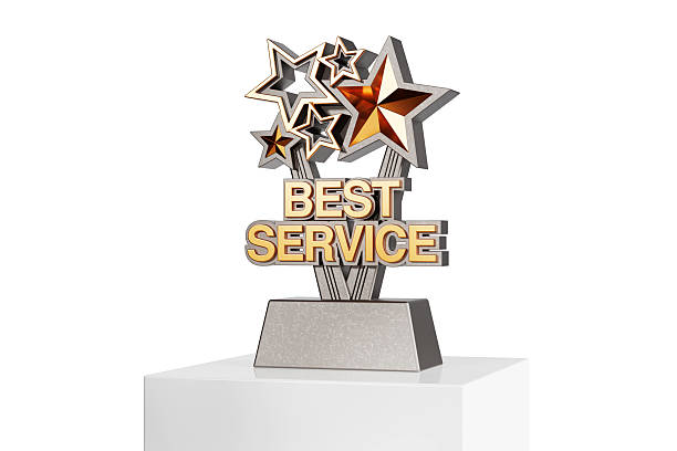 istock Golden Best Service Business Award Trophy on a Presentation Podium. 3d Rendering 2211182617