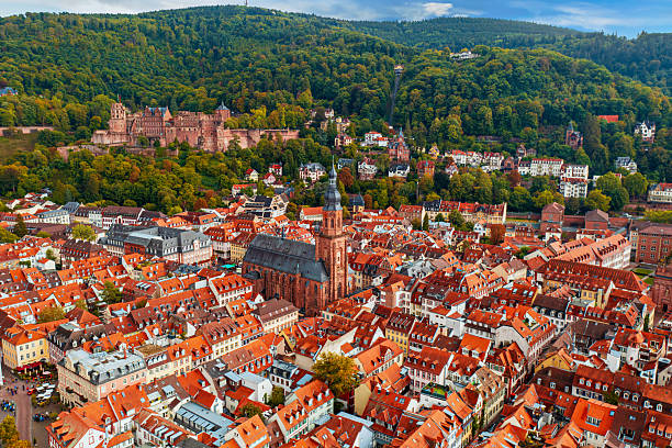 Aerial view of landmark and beautiful Heidelberg city , Germany. Heidelberg town with the famous Karl Theodor old bridge and Heidelberg castle.