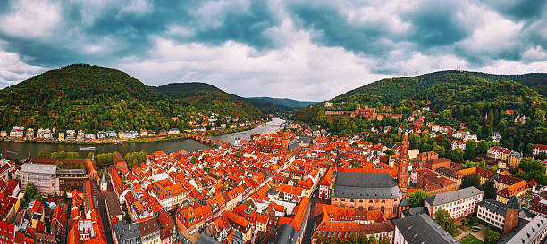 Aerial panoramic view of landmark and beautiful Heidelberg city with Neckar river, Germany. Travel destination concept