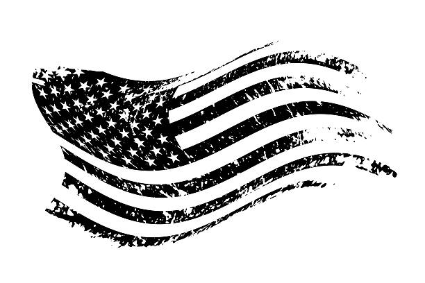 Grunge waving American flag in white-black colors isolated on transparent background. Vintage USA national symbol. Vector design element.
