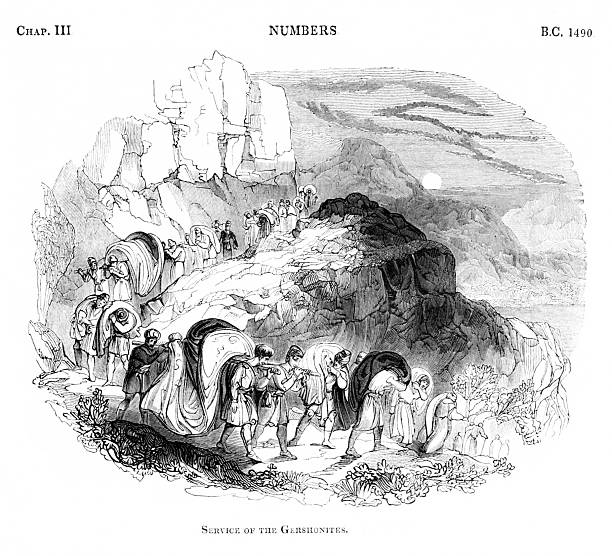 Gershonite is one in three clans within the Levite tribe in ancient Israel, each responsible for specific duties related to the Tabernacle. The Gershonites is responsible for the curtains and hangings. Illustration published1836. Copyright expired; artwork is in Public Domain.