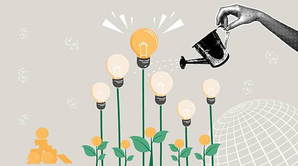 Trendy halftone collage. Investing in ideas. Cultivating innovation and growth. Cultivating money trees. Vector illustration
