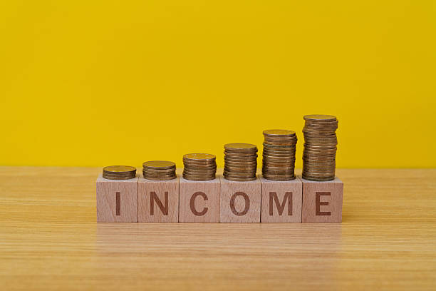 Coins on wooden word income.