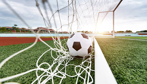 Soccer ball into the goal net.