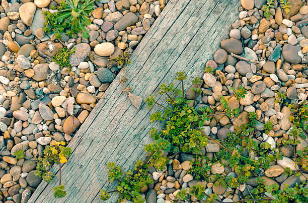 wooden plank on a floor with boulders. top view