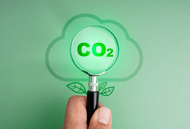 istock Environmental care sustainability, Carbon dioxide reduce management concept. Co2 emission reduction icon, in magnifying glass with leaves graphics, in human hand on green background. 2211211970