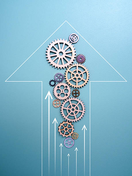 Teamwork, cooperation, business workflow system, strategy and management to success concept. Gears and cog wheel arrange in arrow shape with rising arrows on vertical blue background, minimalist.