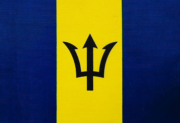 The national flag of Barbados features a vertical yellow stripe flanked by blue stripes, with a black trident head in the center, symbolizing strength and resilience.