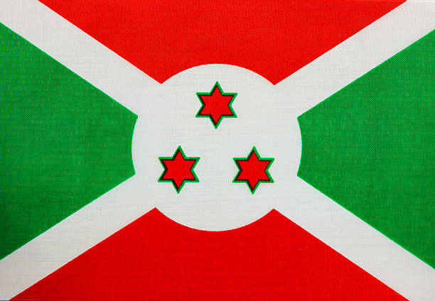 Small paper flag of Burundi pinned. Isolated on white background. Horizontal orientation. Close up photography. Copy space.
