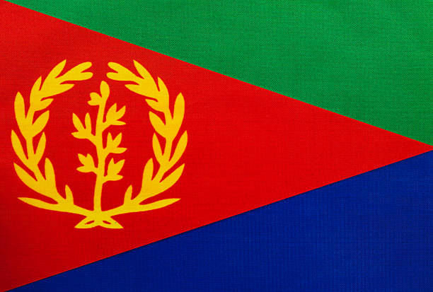A flag featuring a bold design with a red triangle, green and blue sections, and a yellow olive branch symbol at the center, representing Eritrea's identity.