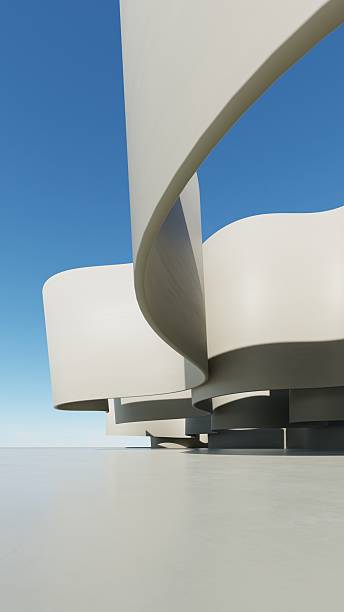 istock 3d illustration of abstract architecture background, geometric architectural with wavy curve design, Empty floor for car presentation 2211216047