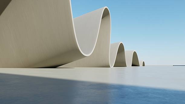 istock 3d illustration of abstract architecture background, geometric architectural with wavy curve design, Empty floor for car presentation 2211216058