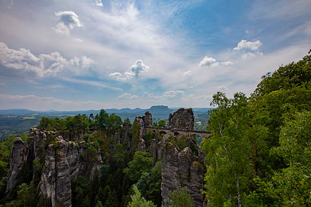 Saxon Switzerland with a view of the Elbe near Rathen.