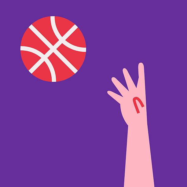 istock Vector flat concept with throwing basketball to basket by player on purple background. Square composition is like icon to design ad in world championship. Clipart sport collection 2211219664