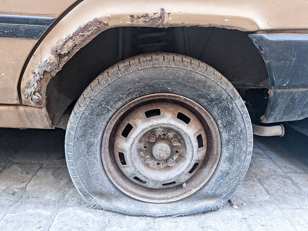 Damaged tire after tire explosion