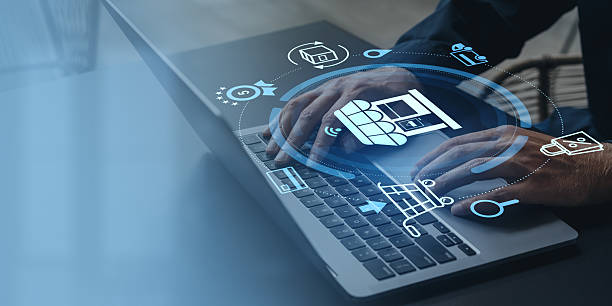 istock Online shopping with digital hologram interface on laptop. 2211224823