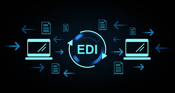 Electronic Data Interchange EDI concept with digital connections between computers, document exchange, and network communication. 3D Rendering Digital concept of Electronic Data Interchange EDI with glowing computers, documents, and arrows on dark background. Represents seamless data exchange. 3D Rendering Enterprise File Sharing and Synchronization Market Trends: Emerging Innovations and Dynamics stock pictures, royalty-free photos & images