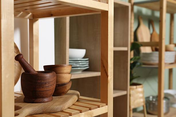 istock Wooden storage stands with kitchenware indoors, closeup 2211225373