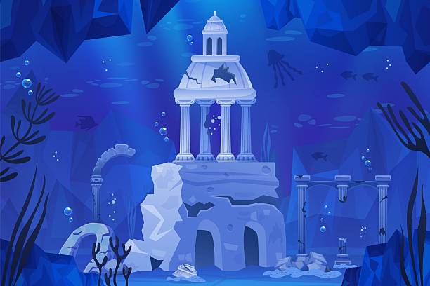 istock Atlantis ruin landscape. Sunken ancient city ruins, lost civilization underwater town buildings video game background scuba diving under sea architecture swanky vector illustration 2211226299