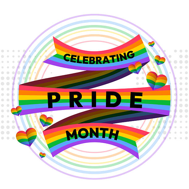 istock Celebrating Pride month text on ribbon rainbow flag roll curve with rainbow heart around on dot texture background vector design 2211226510