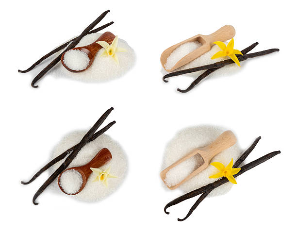istock Aromatic vanilla sugar. Vanilla pods. Vanilla sticks, brown and white sugar isolated on a white background. Vanilla flowers, spices and herbs for desserts and baking. Space for text. Copy space 2211231159