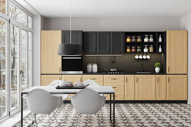istock Scandinavian Open-Plan Kitchen with Pine Wood Cabinets and Snowy Autumn View 2211234349
