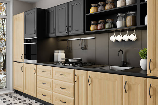 istock Scandinavian Open-Plan Kitchen with Pine Wood Cabinets and Snowy Autumn View 2211234396
