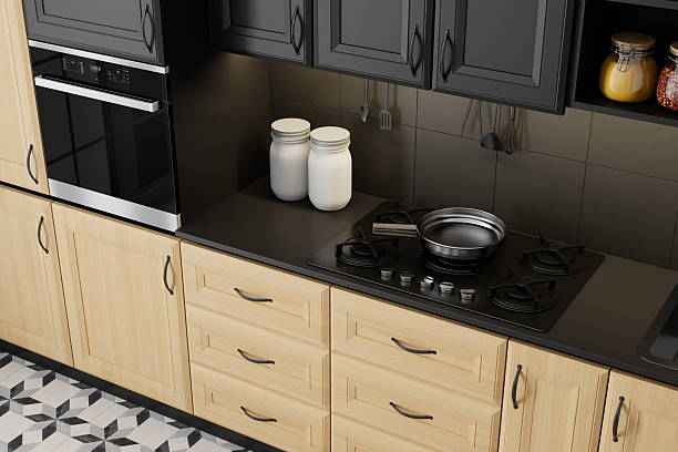 istock Scandinavian Open-Plan Kitchen with Pine Wood Cabinets and Snowy Autumn View 2211234469