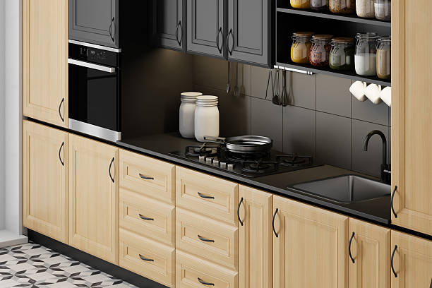 istock Scandinavian Open-Plan Kitchen with Pine Wood Cabinets and Snowy Autumn View 2211234492