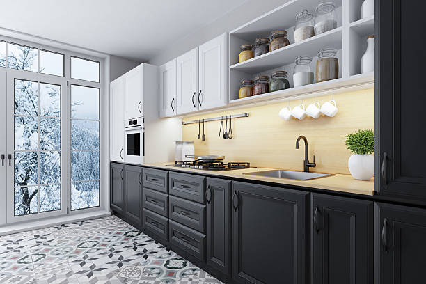istock Modern Scandinavian Open-Space Kitchen with Winter Mountain View 2211234587