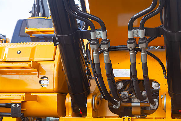 istock Hydraulic mechanisms of heavy loading equipment, close-up. 2211237241