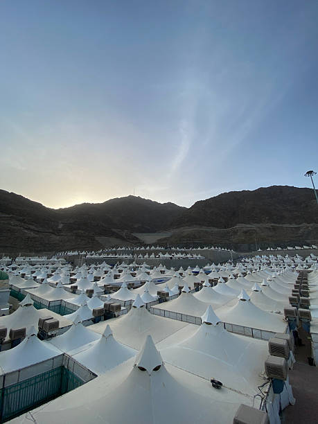 White Pilgrims' Tents in Mina with Mountain Backdrop